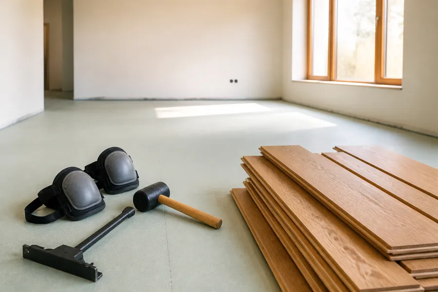 Vakman legt vloerdelen op een geëgaliseerde ondervloer in een woonkamer