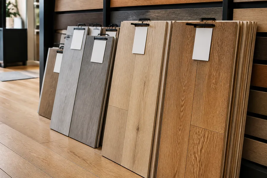 Showroom met rekken vol vloerstalen in verschillende kleuren hout